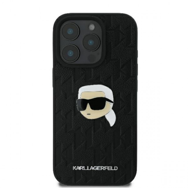 Karl Lagerfeld iPhone 16 Pro Max - Monogram Karl Head Pin Σκληρή Θήκη με Επένδυση Συνθετικού Δέρματος  - Black - KLHCP16XPGKLKIPK