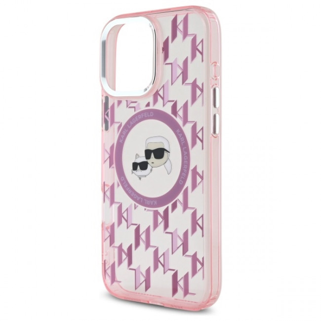 Karl Lagerfeld iPhone 16 Pro - IML Monogram Karl and Choupette Head - Σκληρή Θήκη με Πλαίσιο Σιλικόνης και MagSafe - Pink - KLHMP16LHMCKMHP