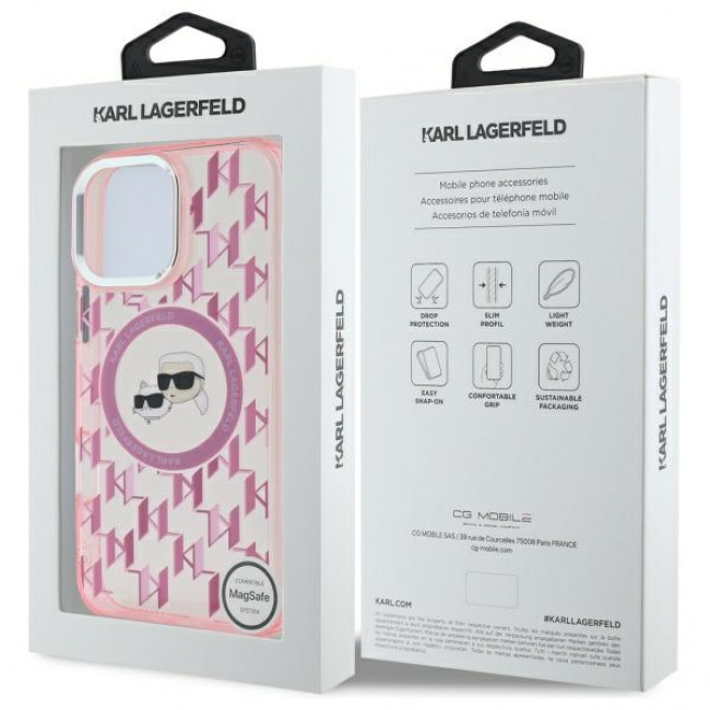 Karl Lagerfeld iPhone 16 Pro - IML Monogram Karl and Choupette Head - Σκληρή Θήκη με Πλαίσιο Σιλικόνης και MagSafe - Pink - KLHMP16LHMCKMHP