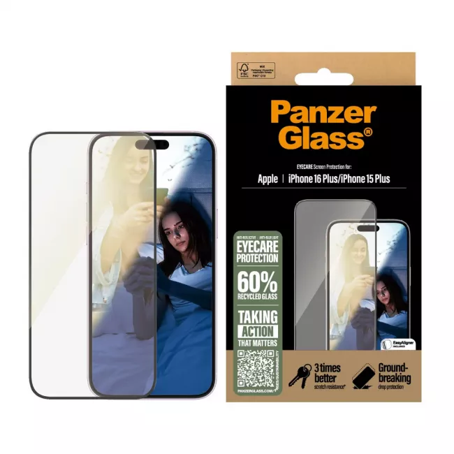 PanzerGlass iPhone 15 Plus / iPhone 16 Plus - EyeCare Ultra-Wide Fit Anti-Blue Light Anti-reflective Full Screen Αντιχαρακτικό Γυαλί Οθόνης - Black