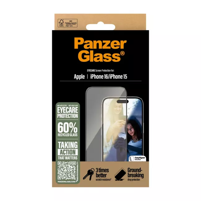 PanzerGlass iPhone 15 / iPhone 16 - EyeCare Ultra-Wide Fit Anti-Blue Light Anti-reflective Full Screen Αντιχαρακτικό Γυαλί Οθόνης - Black