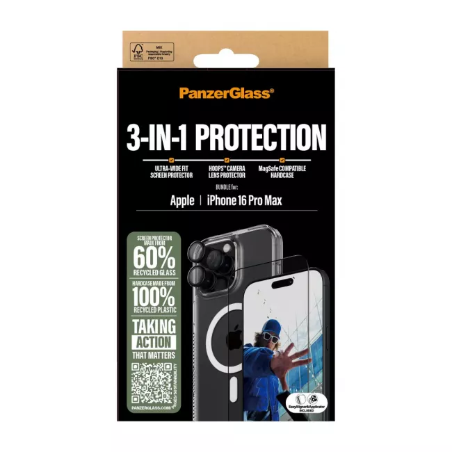 PanzerGlass iPhone 16 Pro Max - Σετ με 1 Αντιχαρακτικό Γυαλί Οθόνης Ultra-Wide Fit, 1 Αντιχαρακτικό Γυαλί για την Κάμερα και 1 Σκληρή Θήκη με MagSafe - Διάφανο