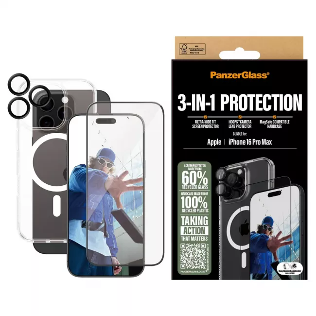 PanzerGlass iPhone 16 Pro Max - Σετ με 1 Αντιχαρακτικό Γυαλί Οθόνης Ultra-Wide Fit, 1 Αντιχαρακτικό Γυαλί για την Κάμερα και 1 Σκληρή Θήκη με MagSafe - Διάφανο