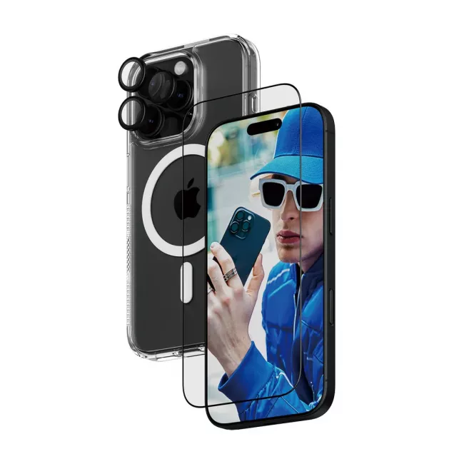 PanzerGlass iPhone 16 Pro - Σετ με 1 Αντιχαρακτικό Γυαλί Οθόνης Ultra-Wide Fit, 1 Αντιχαρακτικό Γυαλί για την Κάμερα και 1 Σκληρή Θήκη με MagSafe - Διάφανο