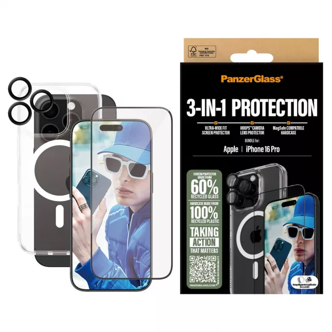 PanzerGlass iPhone 16 Pro - Σετ με 1 Αντιχαρακτικό Γυαλί Οθόνης Ultra-Wide Fit, 1 Αντιχαρακτικό Γυαλί για την Κάμερα και 1 Σκληρή Θήκη με MagSafe - Διάφανο