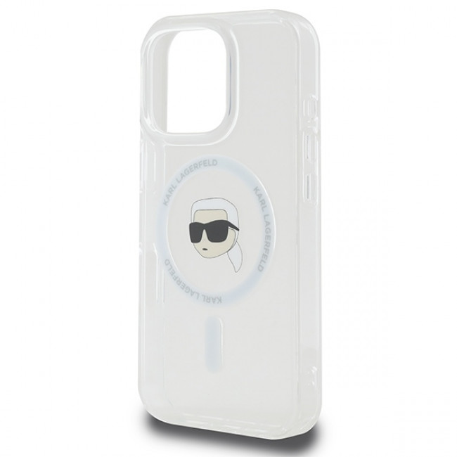 Karl Lagerfeld iPhone 16 Pro Max - IML Metal Karl Head - MagSafe Σκληρή Θήκη με Πλαίσιο Σιλικόνης - White - KLHMP16XHLSKIH