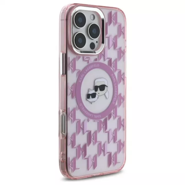 Karl Lagerfeld iPhone 16 Pro Max - IML Monogram Karl and Choupette Head - MagSafe Σκληρή Θήκη με Πλαίσιο Σιλικόνης - Pink - KLHMP16XHMCKMHP