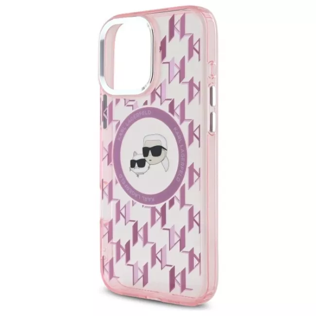 Karl Lagerfeld iPhone 16 Pro Max - IML Monogram Karl and Choupette Head - MagSafe Σκληρή Θήκη με Πλαίσιο Σιλικόνης - Pink - KLHMP16XHMCKMHP