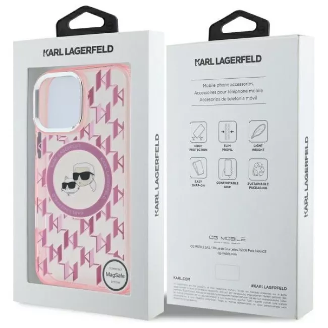 Karl Lagerfeld iPhone 16 Pro Max - IML Monogram Karl and Choupette Head - MagSafe Σκληρή Θήκη με Πλαίσιο Σιλικόνης - Pink - KLHMP16XHMCKMHP