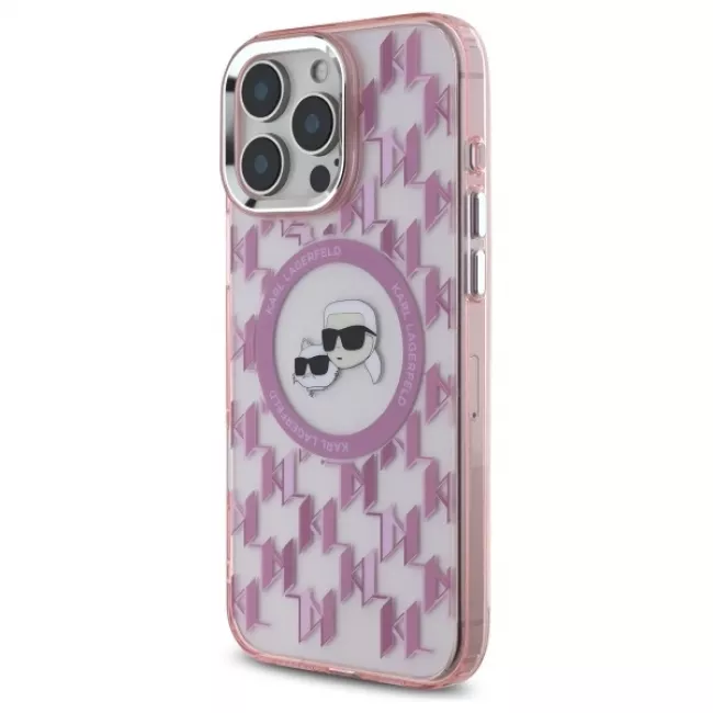 Karl Lagerfeld iPhone 16 Pro Max - IML Monogram Karl and Choupette Head - MagSafe Σκληρή Θήκη με Πλαίσιο Σιλικόνης - Pink - KLHMP16XHMCKMHP