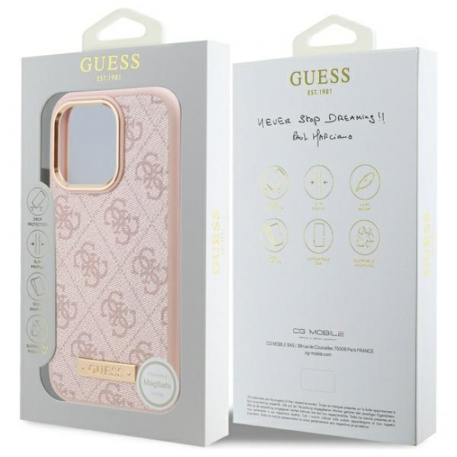 Guess iPhone 16 Pro 4G Logo Plate MagSafe Θήκη με Επένδυση Συνθετικού Δέρματος και MagSafe - Pink - GUHMP16LU4GPRP