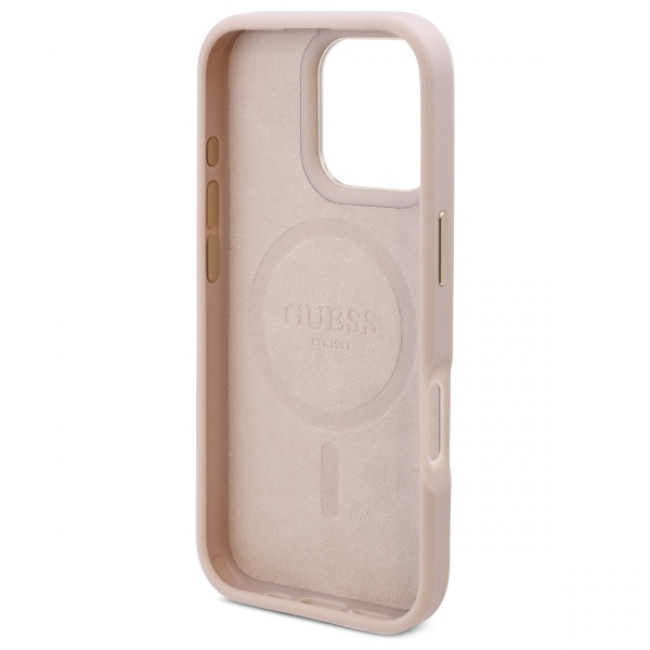 Guess iPhone 16 Pro 4G Logo Plate MagSafe Θήκη με Επένδυση Συνθετικού Δέρματος και MagSafe - Pink - GUHMP16LU4GPRP