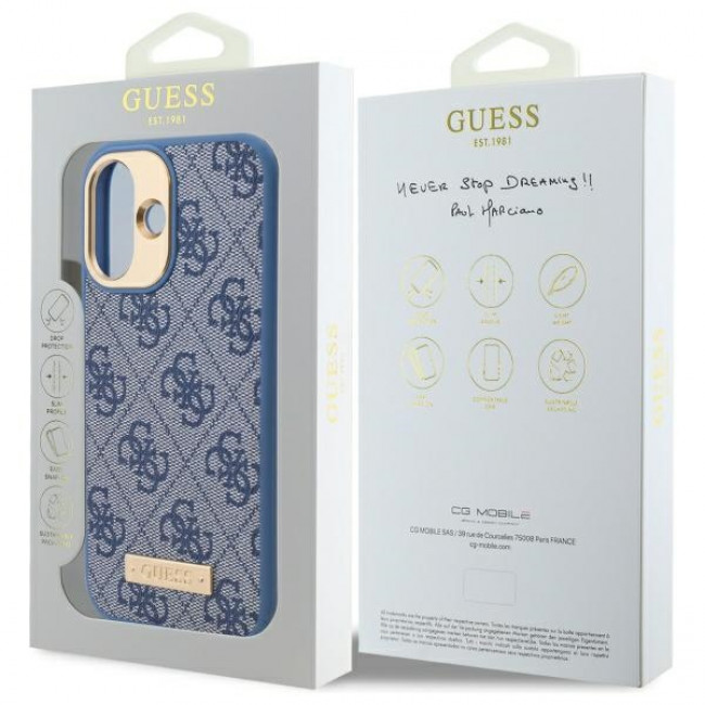 Guess iPhone 16 Plus 4G Logo Plate MagSafe Θήκη με Επένδυση Συνθετικού Δέρματος και MagSafe - Blue - GUHMP16MU4GPRB