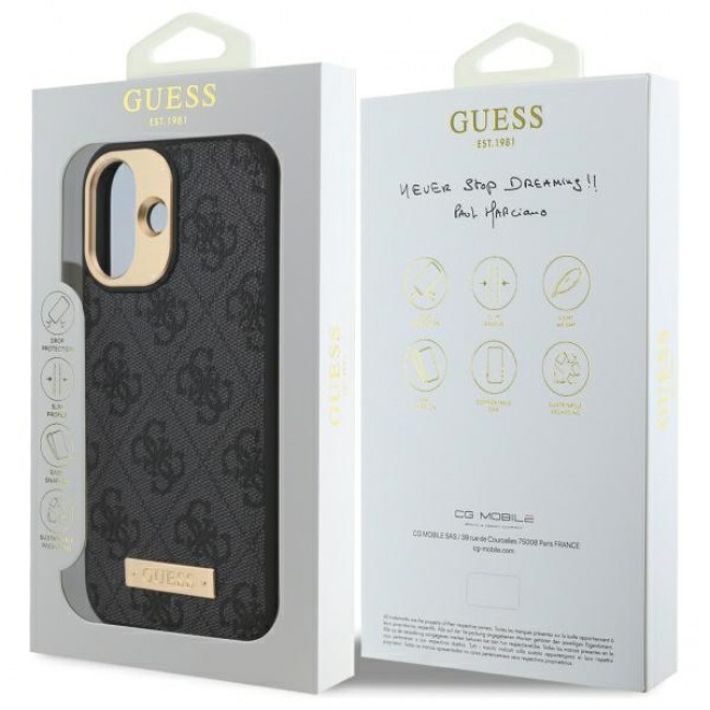 Guess iPhone 16 Plus 4G Logo Plate MagSafe Θήκη με Επένδυση Συνθετικού Δέρματος και MagSafe - Black - GUHMP16MU4GPRK