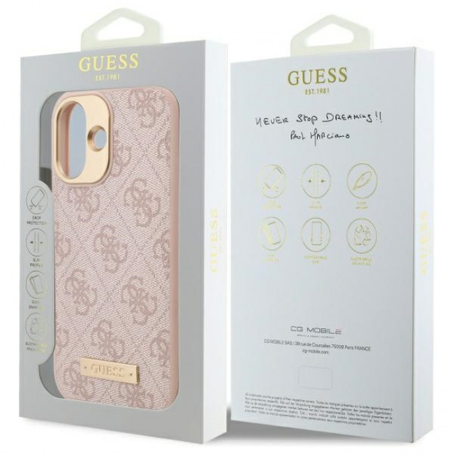 Guess iPhone 16 4G Logo Plate MagSafe Θήκη με Επένδυση Συνθετικού Δέρματος και MagSafe - Pink - GUHMP16SU4GPRP