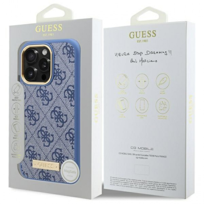 Guess iPhone 16 Pro Max 4G Logo Plate MagSafe Θήκη με Επένδυση Συνθετικού Δέρματος και MagSafe - Blue - GUHMP16XU4GPRB