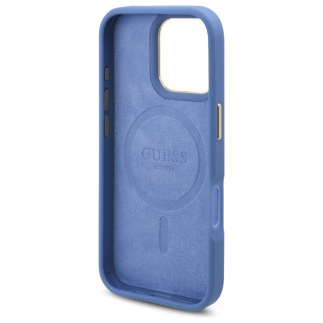 Guess iPhone 16 Pro Max 4G Logo Plate MagSafe Θήκη με Επένδυση Συνθετικού Δέρματος και MagSafe - Blue - GUHMP16XU4GPRB