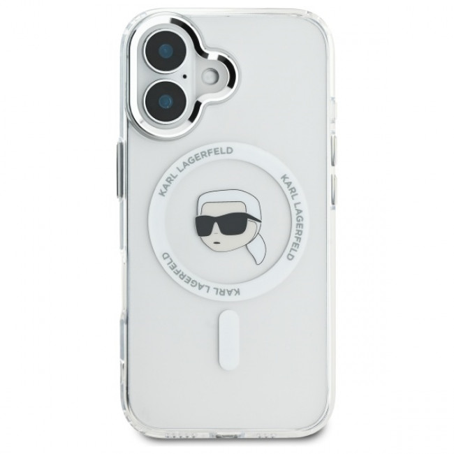 Karl Lagerfeld iPhone 16 - IML Metal Karl Head Σκληρή Θήκη με Πλαίσιο Σιλικόνης και MagSafe - White - KLHMP16SHLSKIH