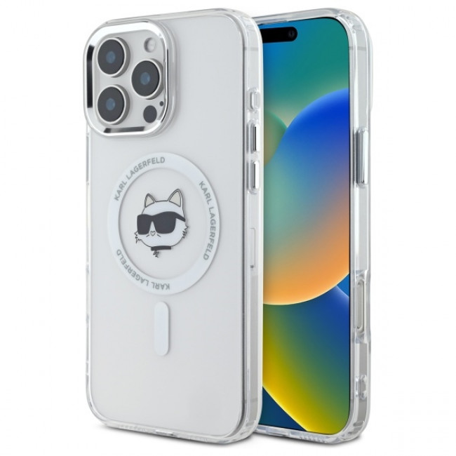 Karl Lagerfeld iPhone 16 Pro Max - IML Metal Choupette Head Σκληρή Θήκη με Πλαίσιο Σιλικόνης και MagSafe - White - KLHMP16SHLSCHH