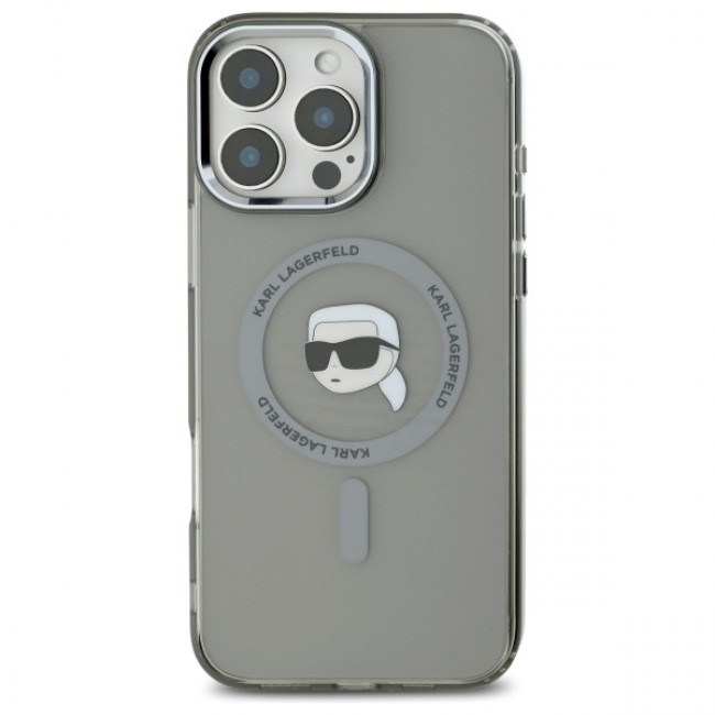 Karl Lagerfeld iPhone 16 Pro Max - IML Metal Karl Head - MagSafe Σκληρή Θήκη με Πλαίσιο Σιλικόνης - Black - KLHMP16XHLSKIK