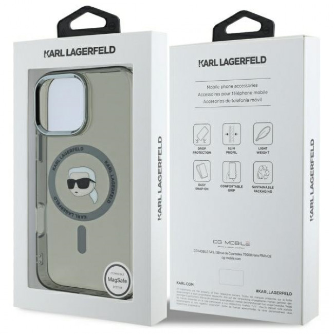 Karl Lagerfeld iPhone 16 Pro Max - IML Metal Karl Head - MagSafe Σκληρή Θήκη με Πλαίσιο Σιλικόνης - Black - KLHMP16XHLSKIK