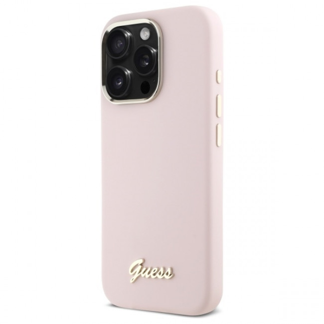 Guess iPhone 16 Pro Max Silicone Script Metal Logo and Frame Σκληρή Θήκη με Πλαίσιο Σιλικόνης - Pink - GUHCP16XSMBSLP