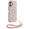 Guess iPhone 16 - IML Flowers Allover Electro With Pearl Strap MagSafe - Σκληρή Θήκη με Πλαίσιο Σιλικόνης και Λουράκι - White / Pink - GUHMP16SHCPOFPP