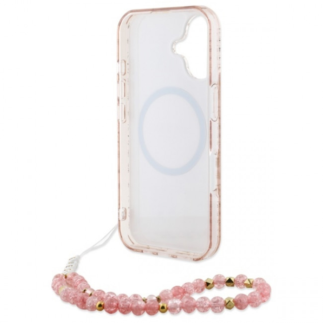 Guess iPhone 16 - IML Flowers Allover Electro With Pearl Strap MagSafe Σκληρή Θήκη με Πλαίσιο Σιλικόνης και MagSafe - White / Pink - GUHMP16SHCPOFPP