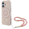 Guess iPhone 16 - IML Flowers Allover Electro With Pearl Strap MagSafe - Σκληρή Θήκη με Πλαίσιο Σιλικόνης και Λουράκι - White / Pink - GUHMP16SHCPOFPP