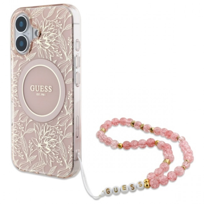 Guess iPhone 16 - IML Flowers Allover Electro With Pearl Strap MagSafe Σκληρή Θήκη με Πλαίσιο Σιλικόνης και MagSafe - White / Pink - GUHMP16SHCPOFPP