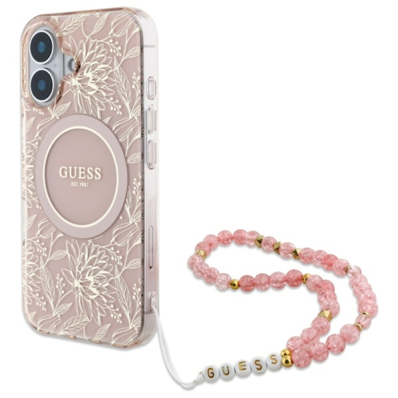 Guess iPhone 16 - IML Flowers Allover Electro With Pearl Strap MagSafe - Σκληρή Θήκη με Πλαίσιο Σιλικόνης και Λουράκι - White / Pink - GUHMP16SHCPOFPP