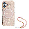 Guess iPhone 16 - IML Flowers Allover Electro With Pearl Strap MagSafe - Σκληρή Θήκη με Πλαίσιο Σιλικόνης και Λουράκι - White / Pink - GUHMP16SHCPOFPP