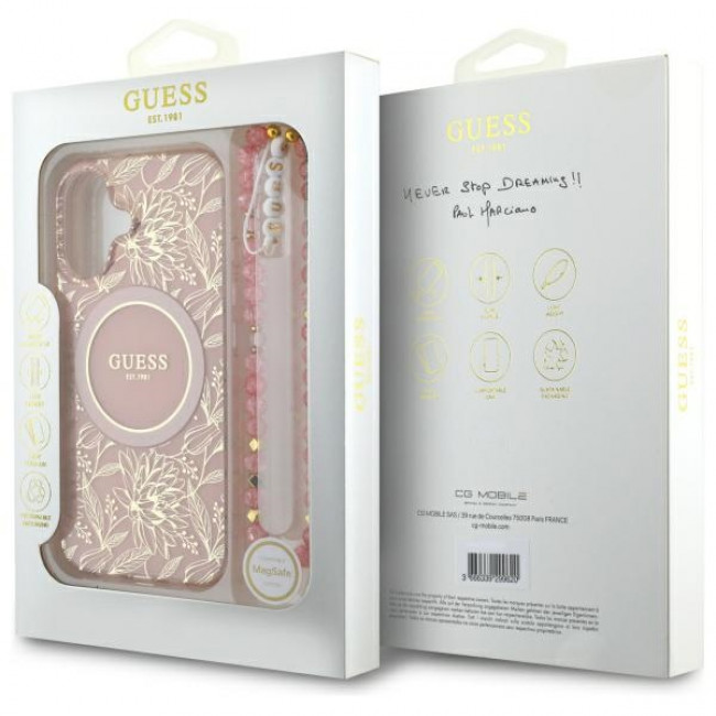 Guess iPhone 16 - IML Flowers Allover Electro With Pearl Strap MagSafe Σκληρή Θήκη με Πλαίσιο Σιλικόνης και MagSafe - White / Pink - GUHMP16SHCPOFPP