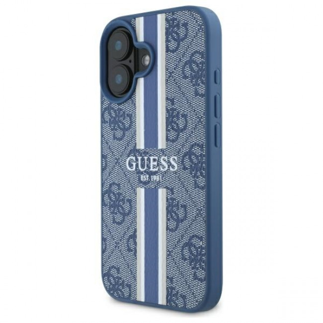 Guess iPhone 16 - 4G Printed Stripes - MagSafe Θήκη με Επένδυση Συνθετικού Δέρματος - Blue - GUHMP16SP4RPSB