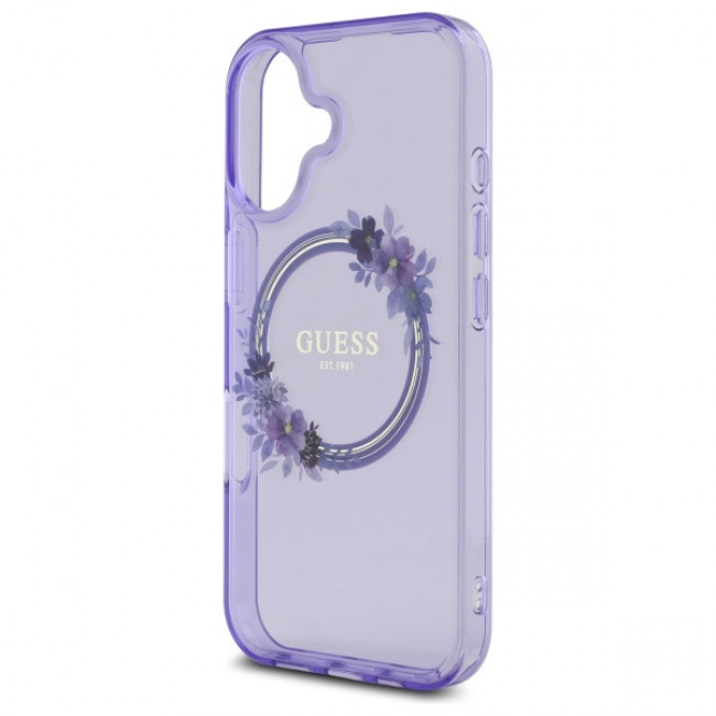 Guess iPhone 16 - IML Flowers Wreath - MagSafe Σκληρή Θήκη με Πλαίσιο Σιλικόνης - Purple - GUHMP16SHFWFCU