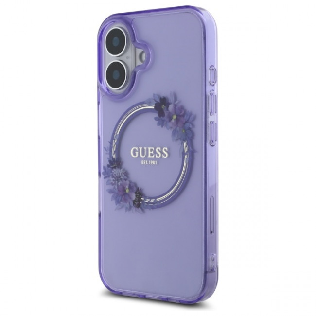 Guess iPhone 16 - IML Flowers Wreath - MagSafe Σκληρή Θήκη με Πλαίσιο Σιλικόνης - Purple - GUHMP16SHFWFCU