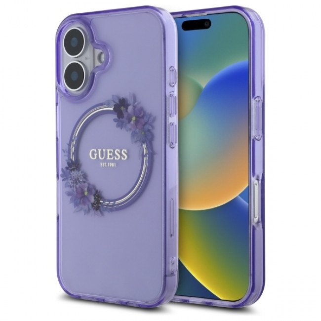 Guess iPhone 16 - IML Flowers Wreath - MagSafe Σκληρή Θήκη με Πλαίσιο Σιλικόνης - Purple - GUHMP16SHFWFCU