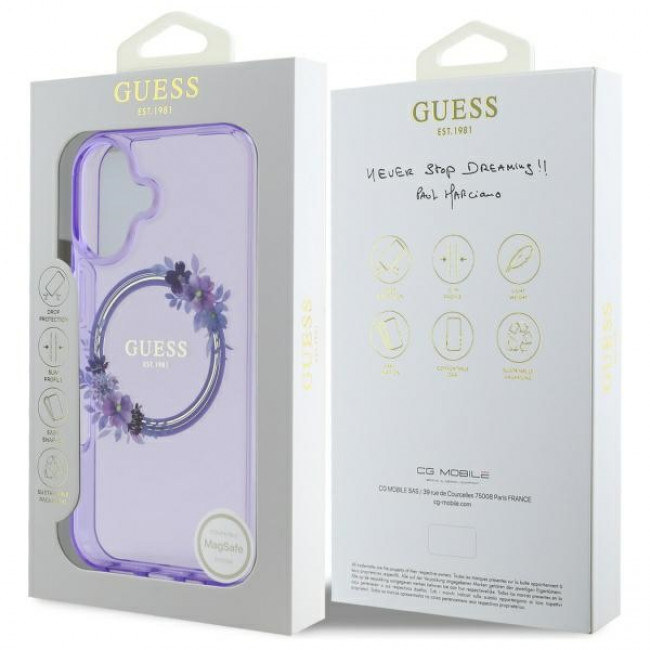 Guess iPhone 16 - IML Flowers Wreath - MagSafe Σκληρή Θήκη με Πλαίσιο Σιλικόνης - Purple - GUHMP16SHFWFCU