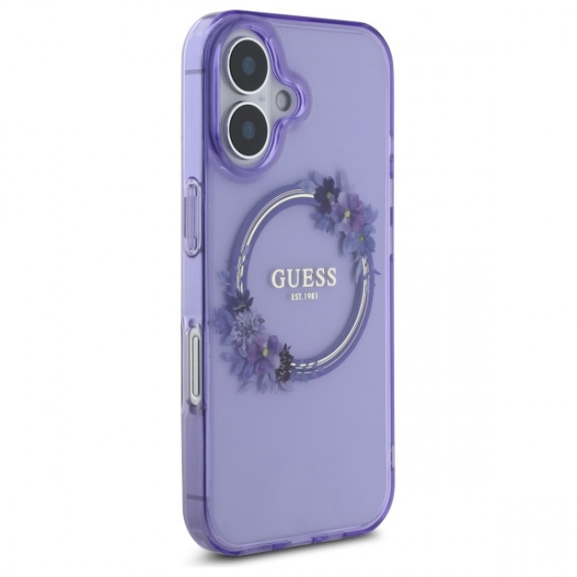 Guess iPhone 16 - IML Flowers Wreath - MagSafe Σκληρή Θήκη με Πλαίσιο Σιλικόνης - Purple - GUHMP16SHFWFCU