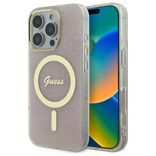 Guess iPhone 16 Pro IML 4G MagSafe Σκληρή Θήκη με Πλαίσιο Σιλικόνης και MagSafe - Pink - GUHMP16LH4STP