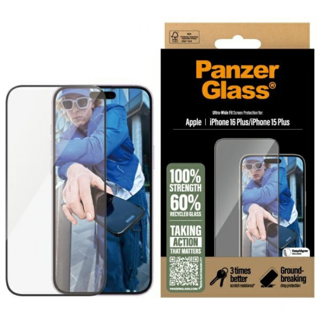 PanzerGlass iPhone 15 Plus / iPhone 16 Plus - Ultra-Wide Fit Αντιχαρακτικό Γυαλί Οθόνης με Κιτ Τοποθέτησης - Black