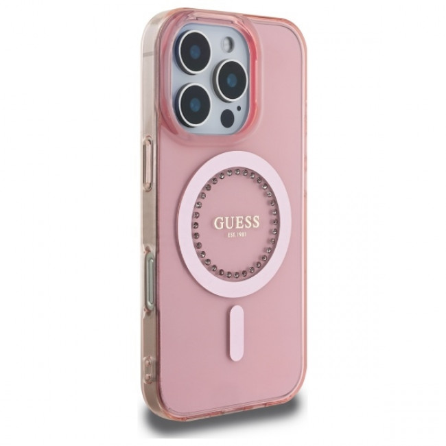 Guess iPhone 16 Pro - IML Rhinestones - MagSafe Σκληρή Θήκη με Πλαίσιο Σιλικόνης - Pink - GUHMP16LPFTDTEP