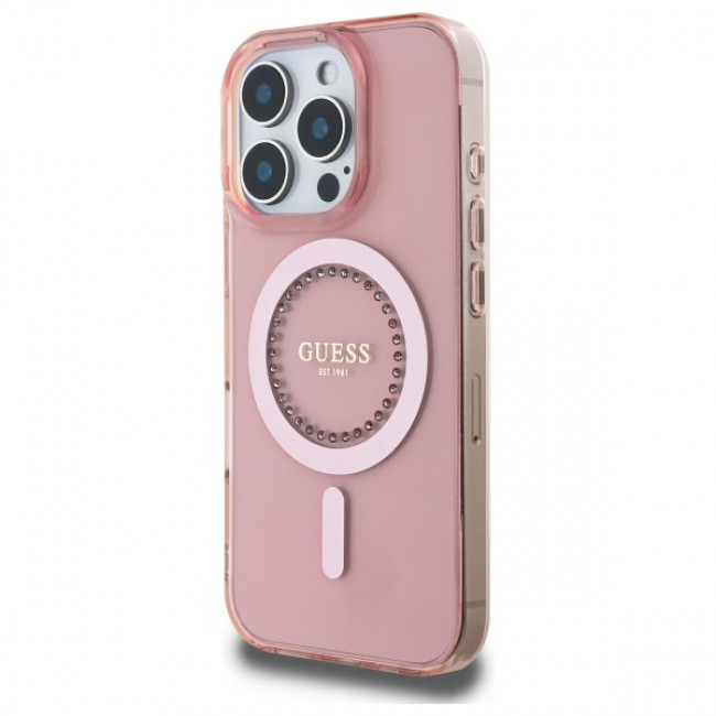 Guess iPhone 16 Pro - IML Rhinestones - MagSafe Σκληρή Θήκη με Πλαίσιο Σιλικόνης - Pink - GUHMP16LPFTDTEP