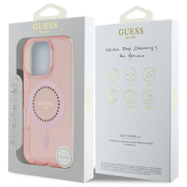 Guess iPhone 16 Pro - IML Rhinestones - MagSafe Σκληρή Θήκη με Πλαίσιο Σιλικόνης - Pink - GUHMP16LPFTDTEP