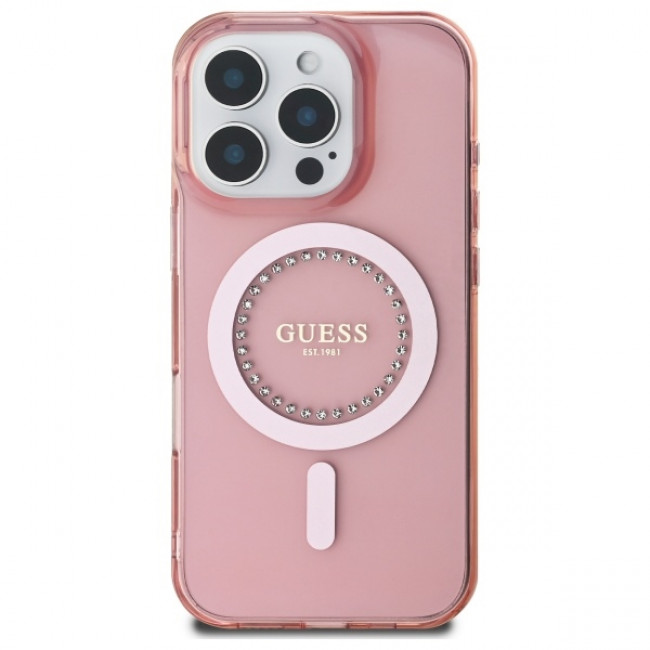 Guess iPhone 16 Pro - IML Rhinestones - MagSafe Σκληρή Θήκη με Πλαίσιο Σιλικόνης - Pink - GUHMP16LPFTDTEP