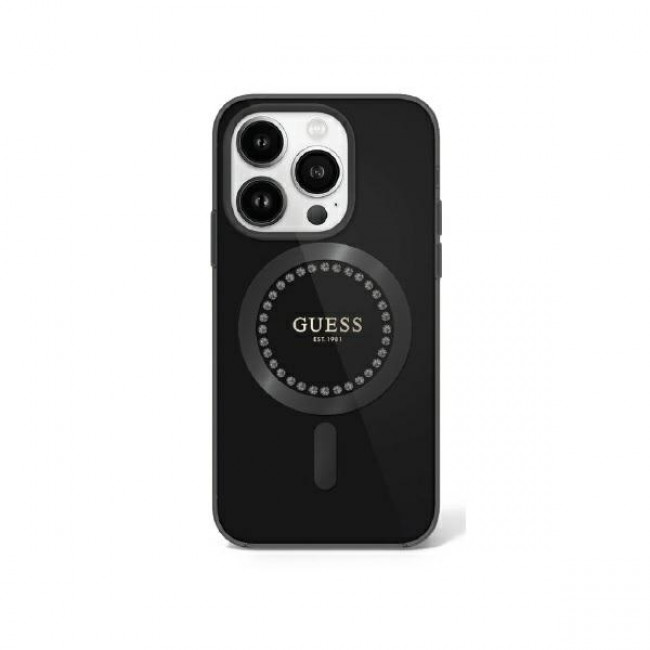 Guess iPhone 16 Pro - IML Rhinestones - MagSafe Σκληρή Θήκη με Πλαίσιο Σιλικόνης - Black - GUHMP16LPFTDTEK