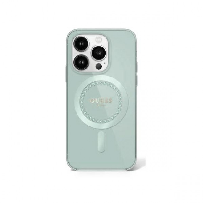 Guess iPhone 16 Pro - IML Rhinestones - MagSafe Σκληρή Θήκη με Πλαίσιο Σιλικόνης - Green - GUHMP16LPFTDTEN