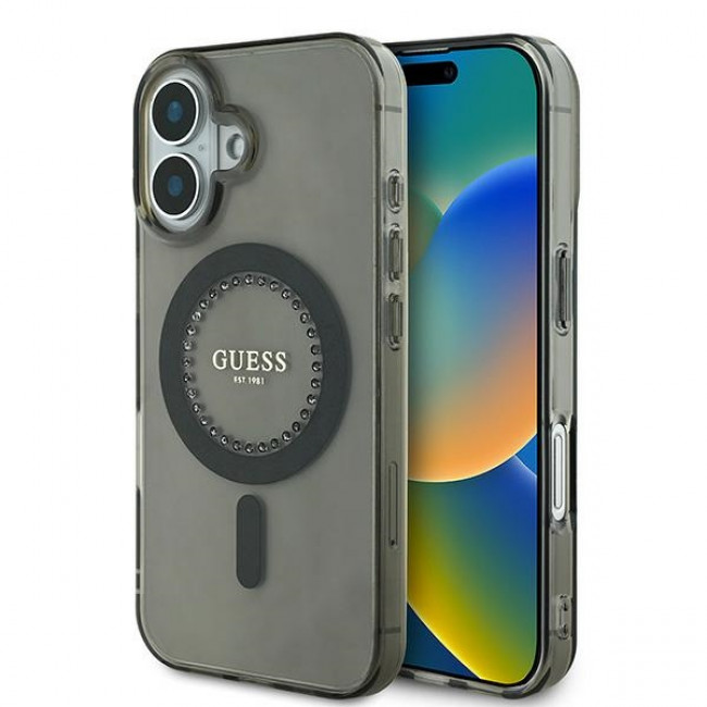 Guess iPhone 16 Plus - IML Rhinestones - MagSafe Σκληρή Θήκη με Πλαίσιο Σιλικόνης - Black - GUHMP16MPFTDTEK