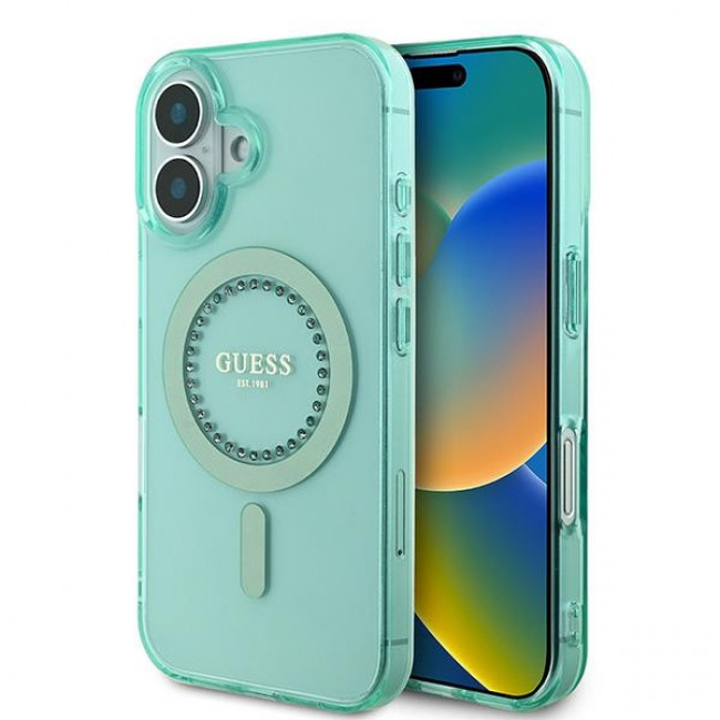 Guess iPhone 16 Plus - IML Rhinestones - MagSafe Σκληρή Θήκη με Πλαίσιο Σιλικόνης - Green - GUHMP16MPFTDTEN