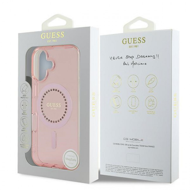 Guess iPhone 16 Plus - IML Rhinestones - MagSafe Σκληρή Θήκη με Πλαίσιο Σιλικόνης - Pink - GUHMP16MPFTDTEP